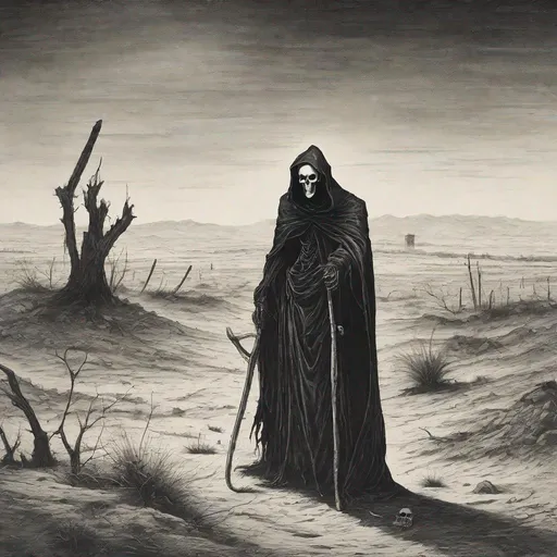 Prompt: black and white etching of the grim reaper standing in a desolate wasteland