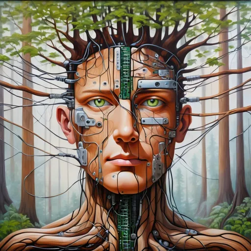 Prompt: fusion of nature and technology, a painting of a technology inspired tree in a forest, cables, wires, diodes, connected to the earth, male robotic face, bark, wood, chrome, metal