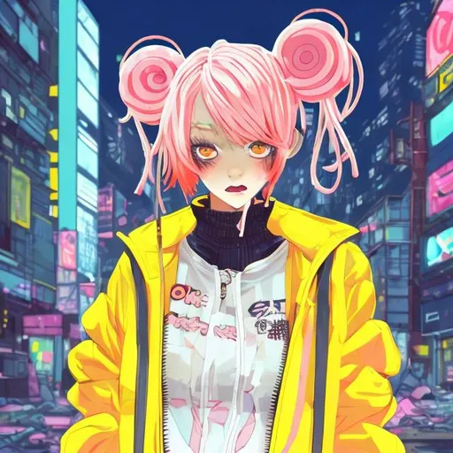 Prompt: illustration of an anime girl in a clear yellow jacket, pink hair with two pigtails, highly stylized, best quality, ruined urban background