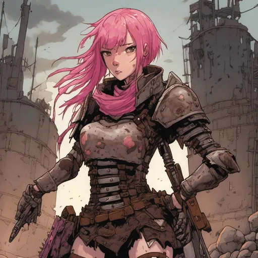 Prompt: Dynamic pose of a petite woman with pink hair, wearing brown scarf and armor, in desolate setting, high quality, detailed and atmospheric lighting, armor, desolate setting, dynamic pose, pink hair, petite frame, brown scarf, professional, detailed, <mymodel>, armor, atmospheric lighting
