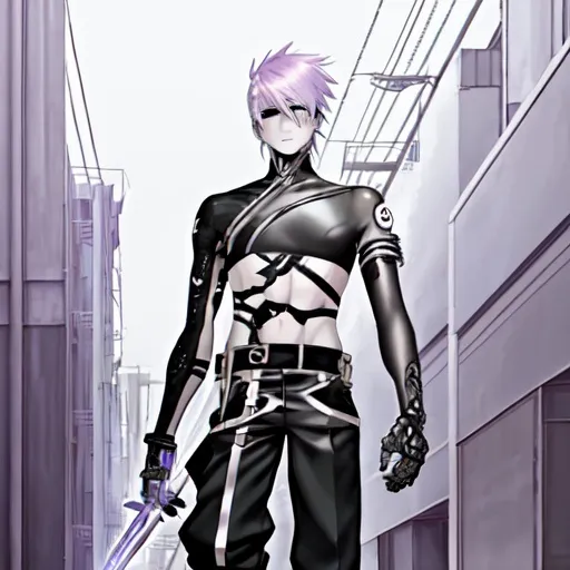 Prompt: anime pastel cyborg goth warrior, male, factory background, fine line 