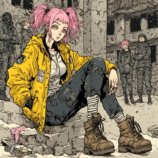 Prompt: full body view, woman with pink hair in two pigtails, wearing yellow bomber jacket, combat boots, urban background, in <mymodel> style