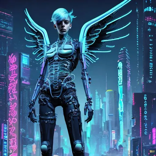 Prompt: full body, full body view, Ethereal non-binary cyberpunk angel, slim body, sharp facial features, unisex hair style, digital art medium, mechanical wings, futuristic city backdrop, neon-lit urban landscape, high-tech prosthetics,  serene and powerful aura, detailed expression, best quality, highres, ultra-detailed, digital art, futuristic, angelic, detailed features, professional, atmospheric lighting