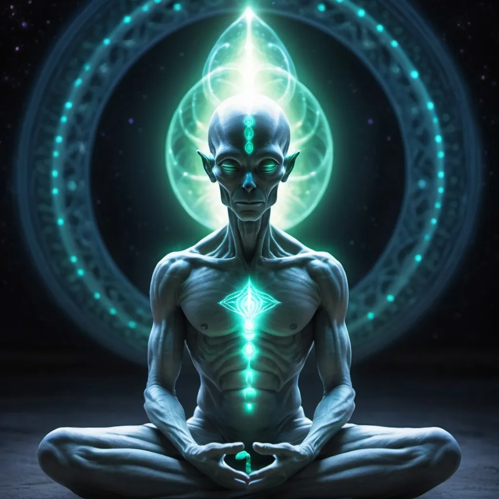 Prompt: a luminous alien meditating, connected to a worldmind, ethereal vibe
