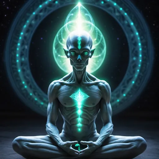 Prompt: a luminous alien meditating, connected to a worldmind, ethereal vibe
