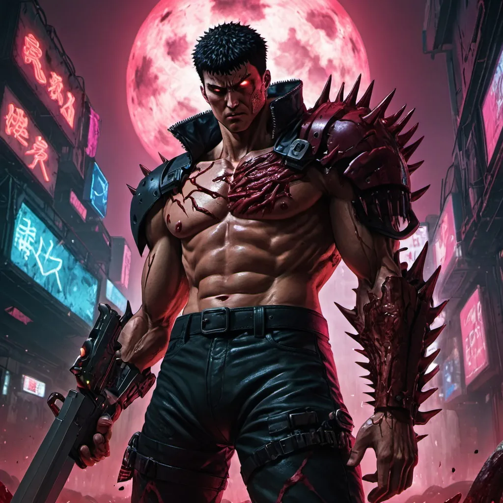 Prompt: well-lit digital artwork of cyberpunk Guts, Berserk