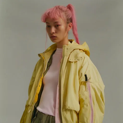 Prompt: <mymodel> woman in yellow bomber jacket, with pink hair in two pigtails