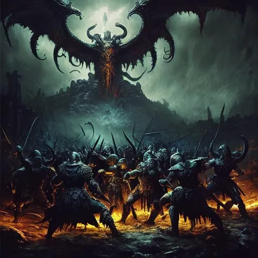 Prompt: Warriors battling an elder god, oil painting, epic battle scene, high quality, dark fantasy, intense lighting, dramatic shadows, detailed armor and weapons, mythical creatures, ominous atmosphere, ancient ruins, powerful and dynamic composition, mystical color palette, dynamic and intense, larger than life, oil painting, epic battle, high quality, dark fantasy, intense lighting, dramatic shadows, detailed armor, mythical creatures, ominous atmosphere, ancient ruins, mystical color palette