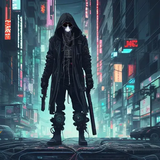 Prompt: cyberpunk male grim reaper, full body view, comic style ((tokyo ghost, sean murphy)), skeletal, technology, wires, cords, hooded, slim, cute, highly stylized artstyle, abstract atmospheric background, wide view, digital illustration, ultra hd, extreme long shot, telephoto lens, cute art style, motion blur, wide angle lens, deep depth of field, pastel color scheme