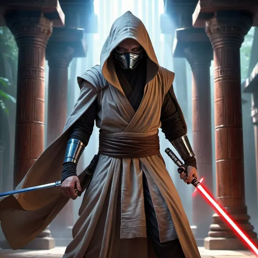 Prompt: Jedi ninja, digital art, lightsaber in hand, ancient temple backdrop, intense and focused gaze, flowing robes and hood, atmospheric lighting, high quality, detailed design, sci-fi fantasy, action pose, dynamic composition, mystical aura, best quality, highres, ultra-detailed, digital art, Jedi, ninja, intense gaze, flowing robes, atmospheric lighting
