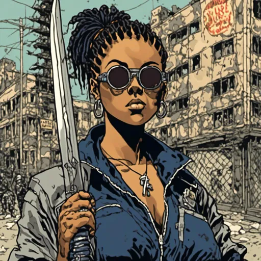 Prompt: young African American woman, wearing a navy blue jumpsuit, oval-shaped sunglasses, gripping a sword, urban background, in <mymodel> style