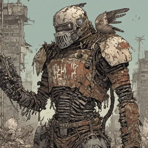 Prompt: cyborg character, hawk-shaped helmet, armored, junkyard setting, in <mymodel> armor
