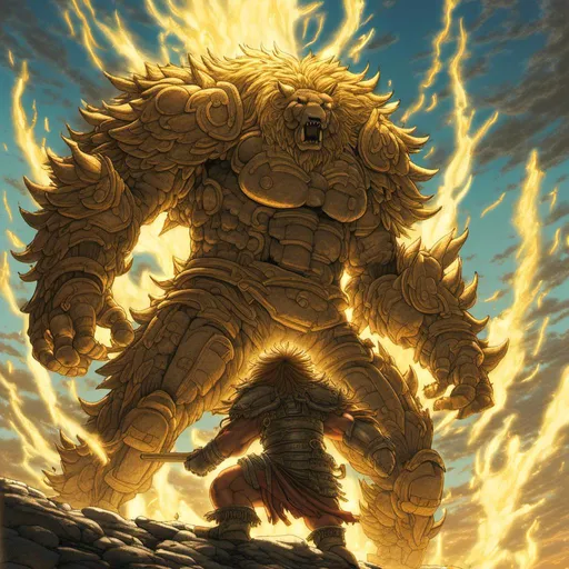 Prompt: <mymodel>Heroic ursine-like demigod, digital art, majestic fur with golden highlights, towering physique, radiant golden divine aura, epic battle scene, mythical fantasy, high quality, epic fantasy, majestic, divine glow, powerful stance, heroic, golden fur, ultra-detailed, digital painting, vibrant colors, dramatic lighting