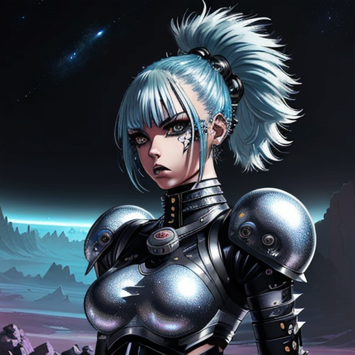 Prompt: Punk rock space warrior girl, lunar landscape, high-res, detailed illustration, futuristic style, metallic armor with punk rock accessories, edgy hairstyle, best quality, futuristic, lunar landscape, detailed armor, intense expression, edgy hairstyle, professional