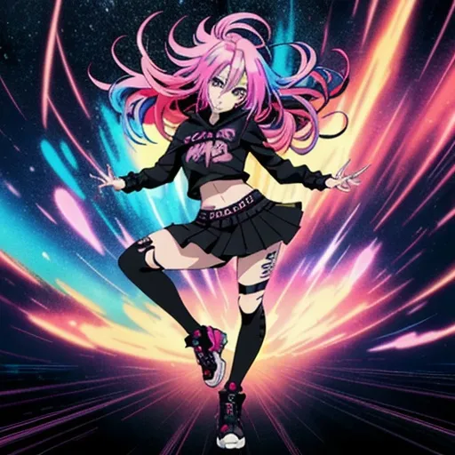 Prompt: full view, full body view, cute anime girl, punk style street clothes, vibrant colors, detailed eyes, flowing hair, dynamic pose, 4k, ultra-detailed, anime, vibrant, detailed eyes, flowing hair, space background, dynamic pose, professional, atmospheric lighting