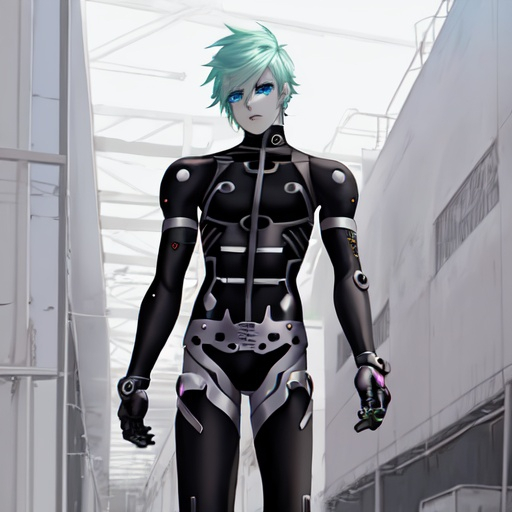 Prompt: anime pastel cyborg goth warrior, male, factory background, fine line 