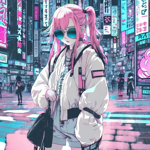 Prompt: wide standing view, full body view, petite 21 year old anime girl, pink hair, comic style((tokyo ghost, sean murphy)), two braided pigtails, Harajuku, sunglasses ((white, oval frame)), puffy bomber jacket, black combat boots, highly stylized artstyle, messy neon tokyo background, wide view, digital illustration, ultra hd, extreme long shot, telephoto lens, motion blur, wide angle lens, deep depth of field, deep blue color scheme, pastel color scheme