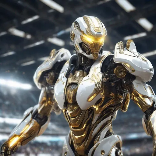 Prompt: Photorealistic illustration of a heroic pose, liquid metal mech suit, white and gold armor, futuristic stadium setting, glowing internal core, high quality, futuristic, metallic sheen, heroic, detailed mechanics, stadium setting, stadium, liquid metal, glowing core, professional, realistic lighting