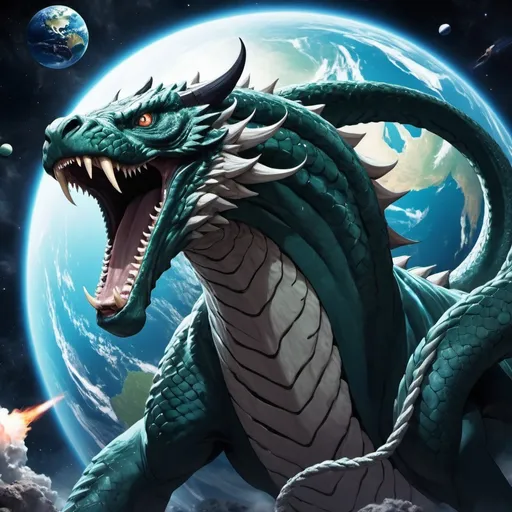 Prompt: Science fiction anime style, Jörmungandr in space attacking Earth