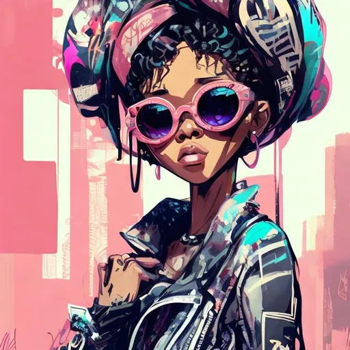 Prompt: full view, full body view, standing, african american, cute girl, anime style, headwrap, sunglasses, suit, highly stylized, highly stylized art style, exaggerated art style, messy art style, cute art style, detailed illustration, urban setting, digital art, vivid colors, high contrast, professional artwork, abstract tokyo background
