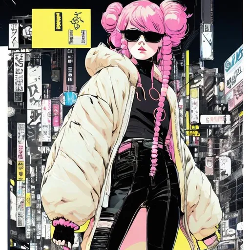 Prompt: illustration of a young woman with pink hair in two pigtails, comic style ((tokyo ghost, sean murphy)), oval shaped sunglasses ((white framed)), puffy oversized yellow jacket, pastel goth, black combat boots, dynamic pose, detailed, stylized, 3d urban background