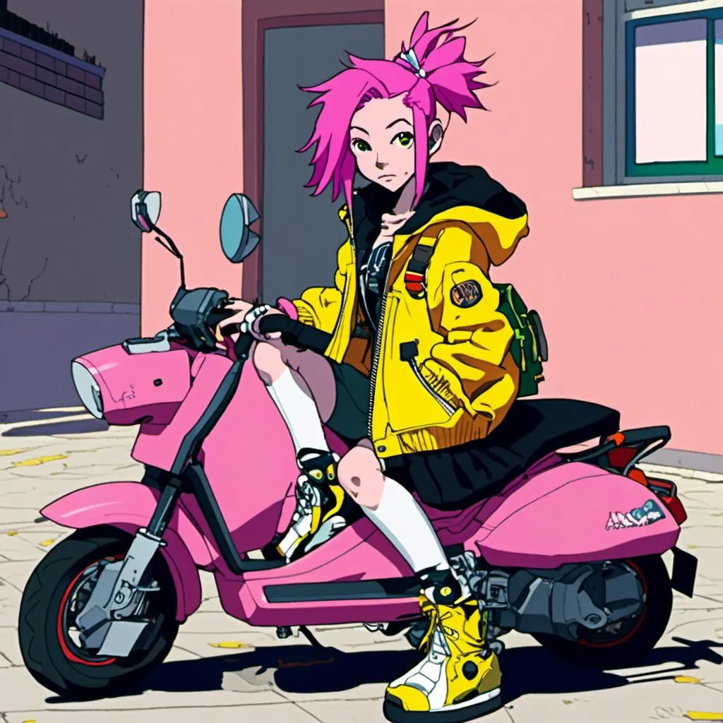 Prompt: girl with pink hair, oversized yellow bomber jacket, standing next to a moped <mymodel> 