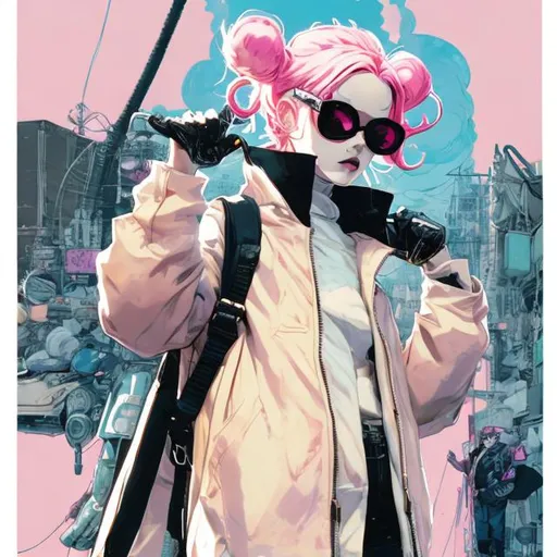 Prompt: illustration of a young woman with pink hair in two pigtails, comic style ((tokyo ghost, sean murphy)), oval shaped sunglasses ((white framed)), puffy oversized yellow jacket, pastel goth, black combat boots, dynamic pose, detailed, stylized, 3d rendered industrial background