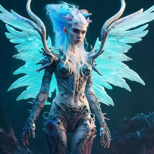 Prompt: Full body view of Grimes as a futuristic Elden Ring character, ethereal, multicolor hair, angel wings, high detail, vibrant colors, fantasy art, futuristic, angelic, surreal, otherworldly, detailed facial features, professional, atmospheric lighting, fantasy setting, dynamic pose, realistic