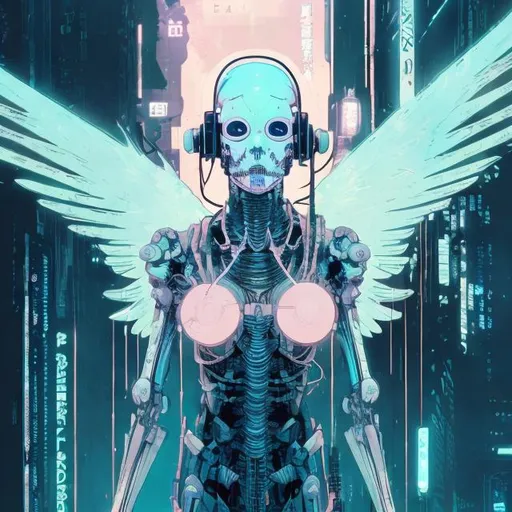 Prompt: illustration of an ethereal cyberpunk angel, comic style ((tokyo ghost, sean murphy)), vr headset, skeletal form, pastel color scheme, ethereal glow, dynamic pose, detailed, stylized