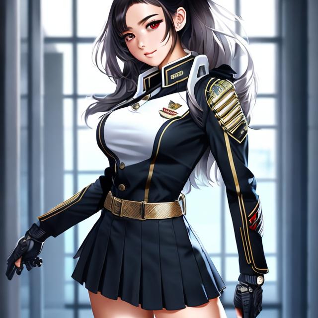 Prompt: full view, full body view, Futuristic military schoolgirl in dynamic pose, best quality, highres, dynamic, futuristic, military schoolgirl, wearing skirt, detailed design, intense look, professional, futuristic setting, dramatic lighting