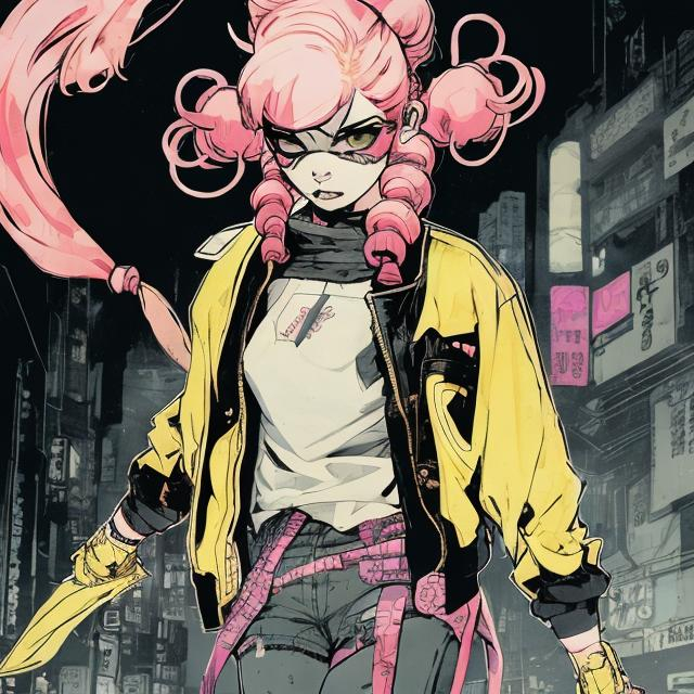 Prompt: illustration of a young woman with pink hair in two pigtails in the style of tokyo ghost, comic style ((tokyo ghost, sean murphy)), yellow bomber jacket, black combat boots, dynamic pose, detailed, stylized