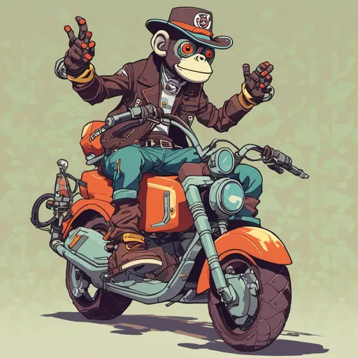 Prompt: monkey-like robot desperado, streetwear clothes, cowboy hat, riding a motorcycle <mymodel> 