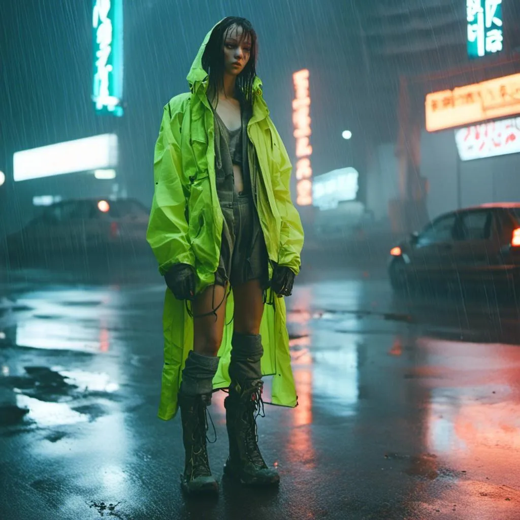 Prompt: <mymodel>sad woman standing in the rain, neon city street, futuristic fashion, cyberpunk aesthetic