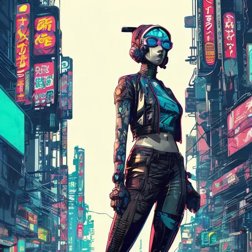 Prompt: full view, full body view, Comic book style, cyberpunk, cute girl, bald, headwrap, sunglasses, suit, highly stylized, detailed illustration, intense colors, futuristic, urban setting, digital art, retro-futuristic, Tokyo Ghost style, Sean Murphy inspired, high contrast, vibrant colors, gritty urban, professional artwork