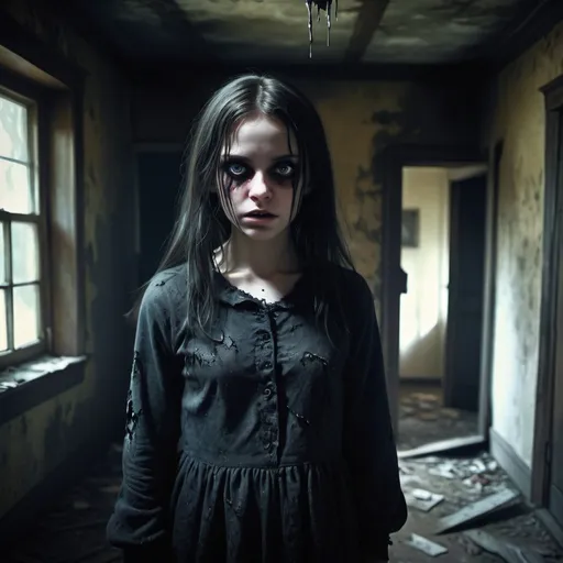 Prompt: Creepy girl controlling demonic spirit in abandoned house, oil painting, eerie atmosphere, high contrast, dark shadows, haunting, gothic style, supernatural, detailed facial expression, tattered clothing, blurred background, high quality, oil painting, eerie, gothic, supernatural, dark shadows, detailed facial expression, haunting, high contrast, tattered clothing, blurred background