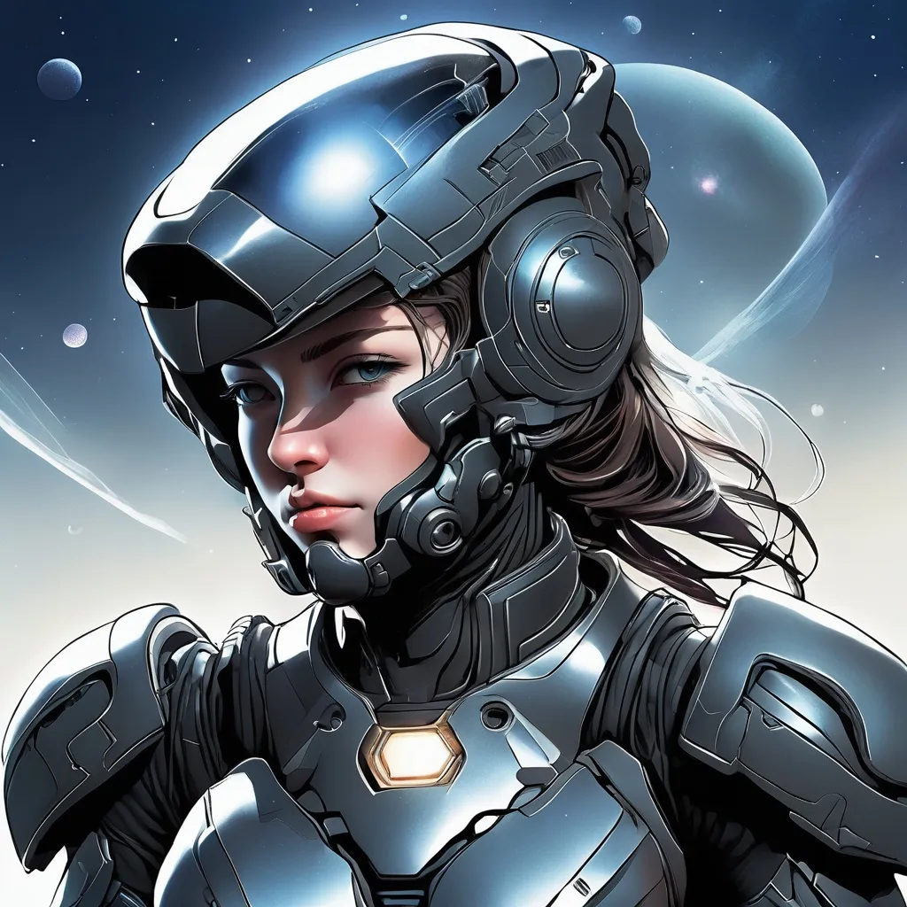 Prompt: science fiction character, female, space warrior, stealth armor, unique helmet, manga style, fine line art style, science fiction setting, influenced by video game((destiny))