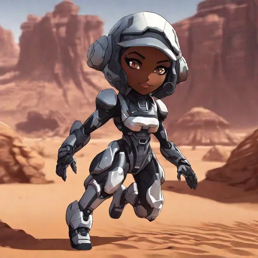 Prompt: chibi manga dark skinned woman, bio-mech suit, action pose, desert setting