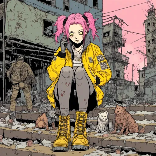 Prompt: full body view, woman with pink hair in two pigtails, wearing yellow bomber jacket, combat boots, urban background, in <mymodel> style