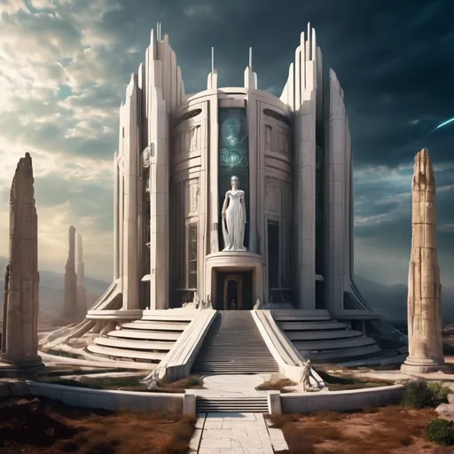 Prompt: futuristic temple to Roman goddess Minerva, dystopian science fiction