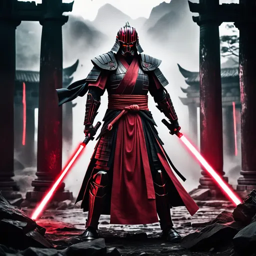 Prompt: Sith Lord Samurai wielding a crimson lightsaber, ancient temple ruins, intense and ominous atmosphere, high quality, detailed armor and robe, menacing gaze, traditional yet futuristic, dark and moody lighting, cinematic, epic, samurai, Sith, ancient ruins, crimson, detailed armor, menacing, intense, ominous atmosphere, high quality, dark and moody lighting