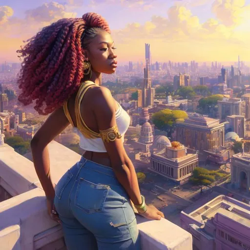 Prompt: full view, full body view, view from above, a painting of side view of a fashionable hero woman character looking over a stadium, brown skin, multicolor hair, realistic pose, cute composition, pastel color scheme, stunning, vibrant, 8k resolution,  WLOP, dynamic lighting, hyperdetailed, intricately detailed, Unreal Engine 5, volumetric lighting