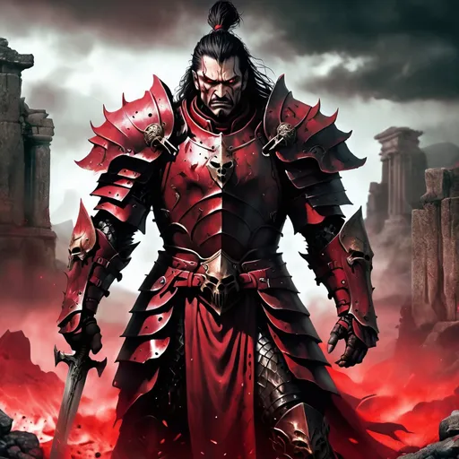 Prompt: Evil ancient warrior in crimson armor, battle-worn and intimidating, high quality, detailed, dark fantasy, sinister atmosphere, blood-red tones, eerie lighting, menacing presence, ancient ruins in the background, powerful and commanding, fierce expression, weathered armor, eerie atmosphere