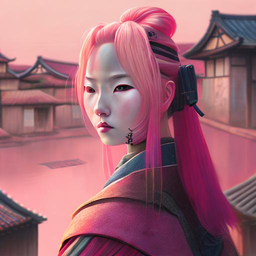 Prompt: a painting of a ronin woman, pink hair, digital art, rural japanese city, symmetric matte painting, detailed, atmospheric lighting, highres