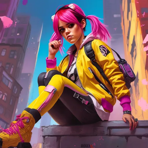 Prompt: Full body view of <mymodel> as overwatch character, yellow bomber jacket, cyberpunk, pink hair in two pigtails, combat boots, dynamic pose, realistic, urban background, highres, detailed, cyberpunk style, vibrant colors, urban setting, intense expression, professional lighting