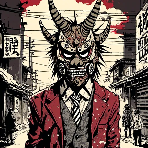 Prompt: young male yakuza member,  japanese oni mask, crimson suit, nighttime setting, urban background, in <mymodel> style