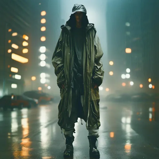 Prompt: <mymodel>sad man standing in the rain, lit up city street, futuristic fashion, cyberpunk aesthetic