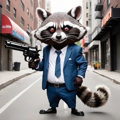 Prompt: mascot with large revolver, crazy eyes, drooling, trash panda, city street