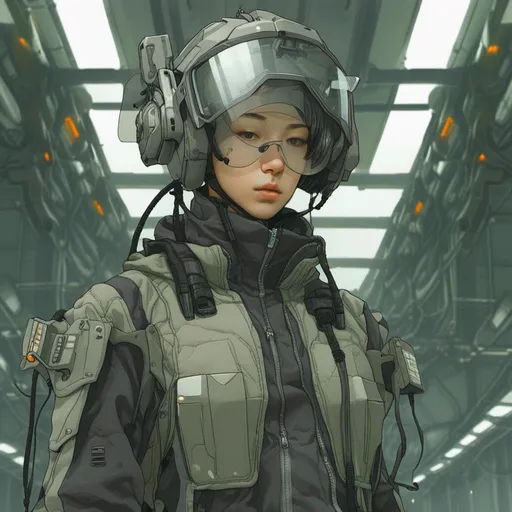Prompt: <mymodel>Anime illustration of a mech pilot at a military base, cool and metallic color tones, futuristic military setting, detailed mechanical design, intense and determined expression, high-tech military outfit, glowing control panels, best quality, highres, ultra-detailed, anime, sci-fi, cool tones, military, detailed machinery, professional, atmospheric lighting