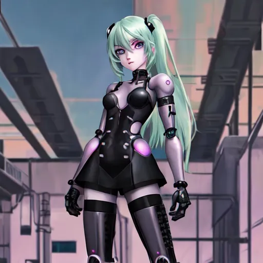 Prompt: anime pastel cyborg goth warrior, factory background