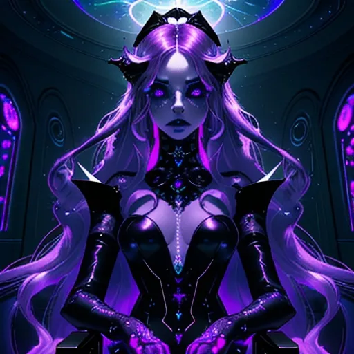 Prompt: Emo space princess, indoor setting, digital art, holographic throne, futuristic gothic aesthetic, ethereal and moody lighting, vivid purples and deep blacks, detailed lace and velvet textures, long flowing hair, piercing gaze, cosmic background, galaxy-inspired makeup, best quality, highres, digital art, gothic, futuristic, ethereal lighting, detailed textures, cosmic vibes